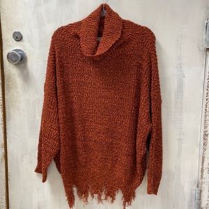 Umgee Cowl Neck Frayed Hem Sweater